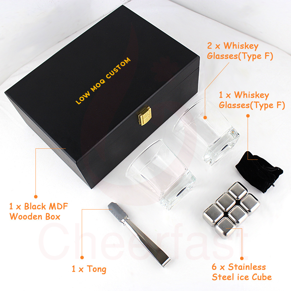 Well Made Good Sales Gold Color Stainless Steel Whiskey Ice Cube And Wooden Gift Box Packaging And Whiskey Glass