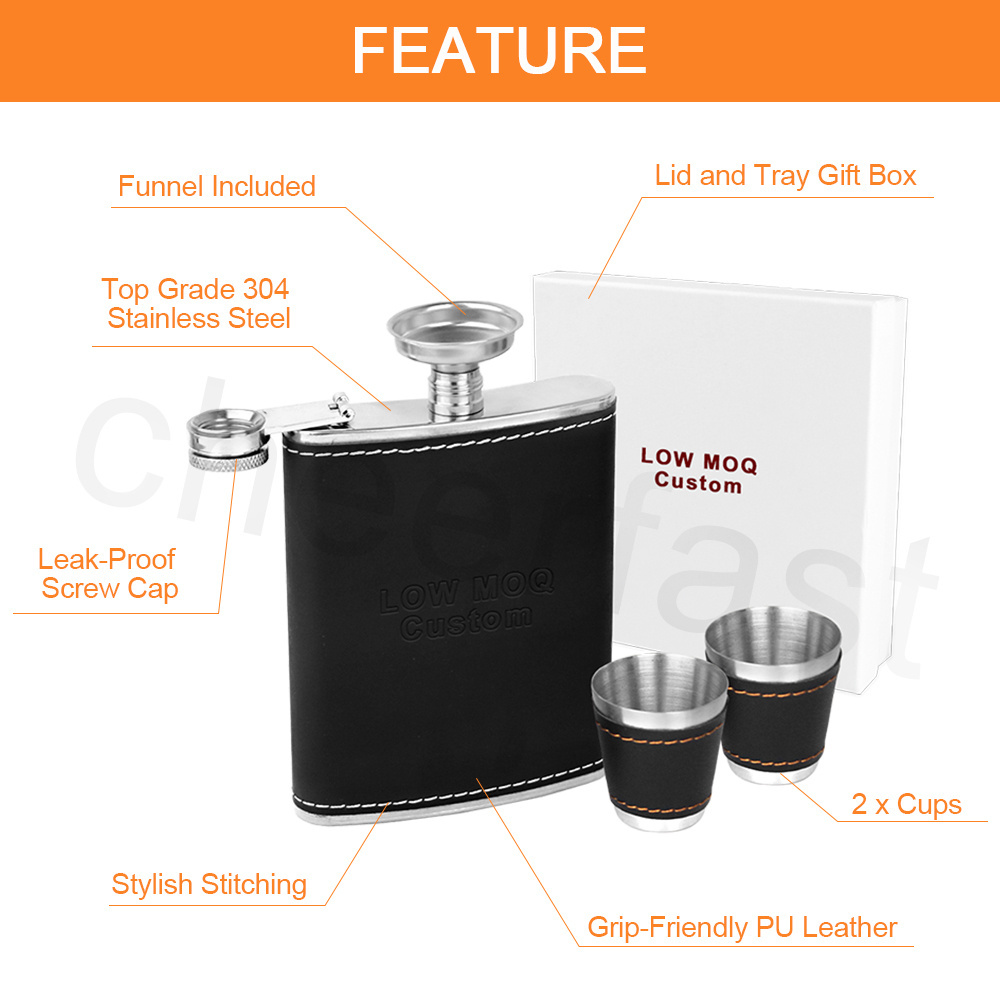 Good idea pu Leather hip flask gift set liquor whiskey alcohol Funnel and Shot Glasses flask Black Leak Proof hip flask gift box