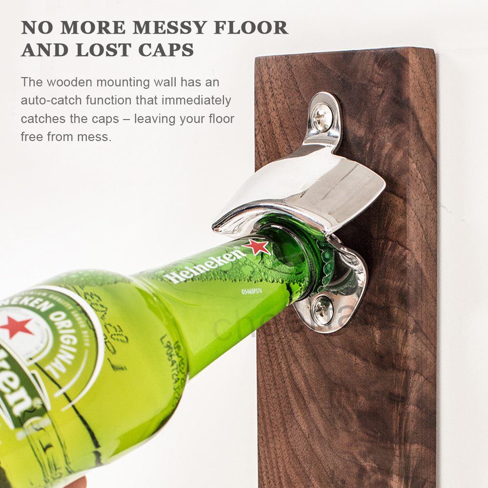 Cheerfast Customized Logo Automatic Beer Opener Various Models Wooden Cap Catcher Wall Mounted Fridge Magnetic Bottle Opener