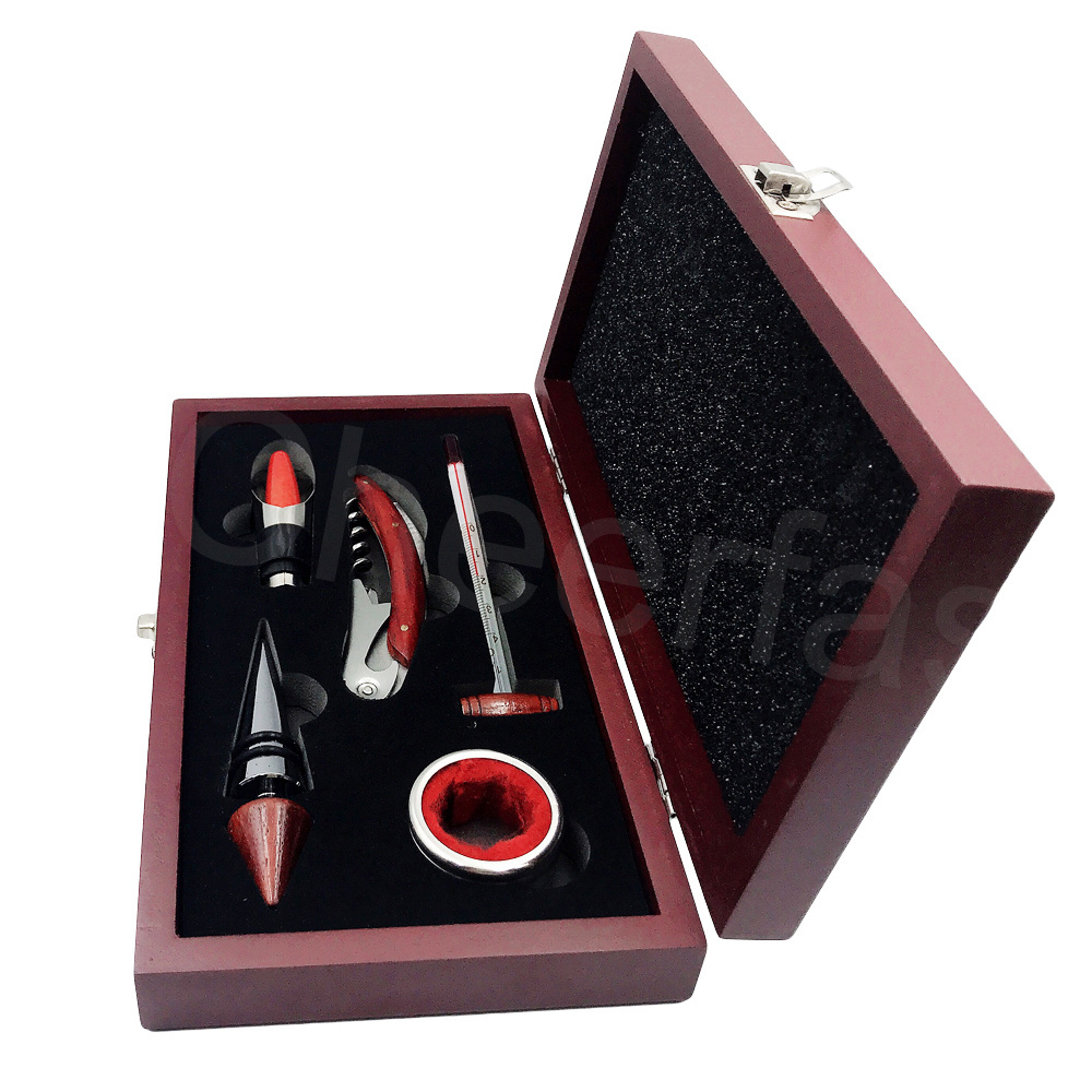 Free sample wood wine set gift and wooden bottle opener with wine ring and 5 pieces wine accessories in wooden box gift box