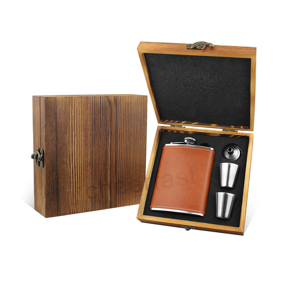 Cheerfast Hip flask stainless steel 8 oz Alcohol Hip flask wooden gift set Hip flask PU Leather cover