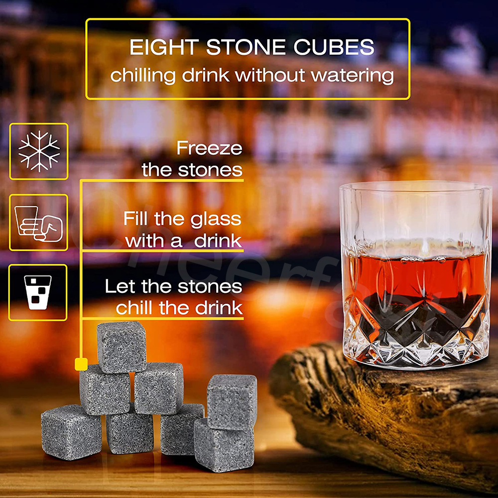 High Quality Rocks Reusable Whiskey Ice Cubes Wooden Box Gift Set Granite Chilling Stone Whiskey Stone Set