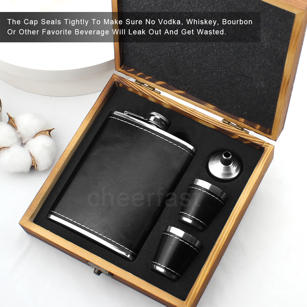 Cheerfast Hip flask stainless steel 8 oz Alcohol Hip flask wooden gift set Hip flask PU Leather cover