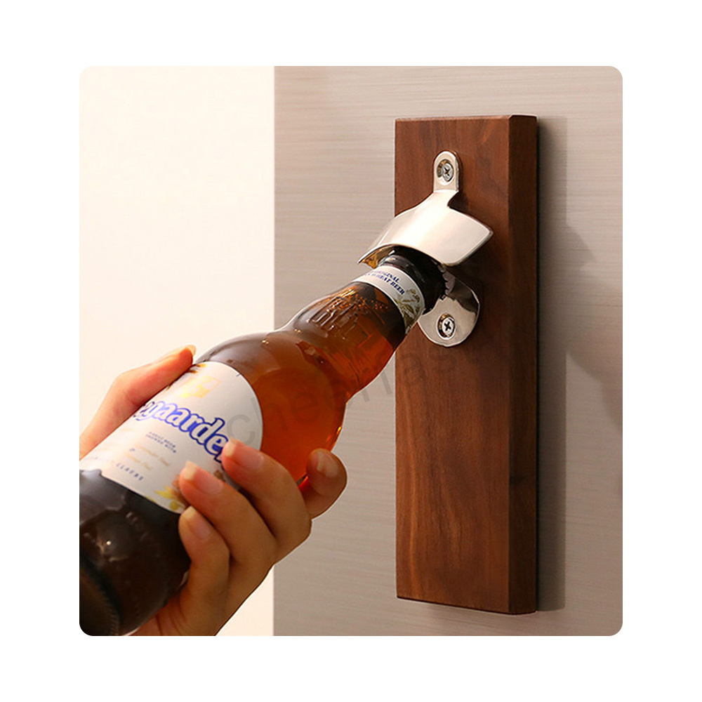 Cheerfast Customized Logo Automatic Beer Opener Various Models Wooden Cap Catcher Wall Mounted Fridge Magnetic Bottle Opener