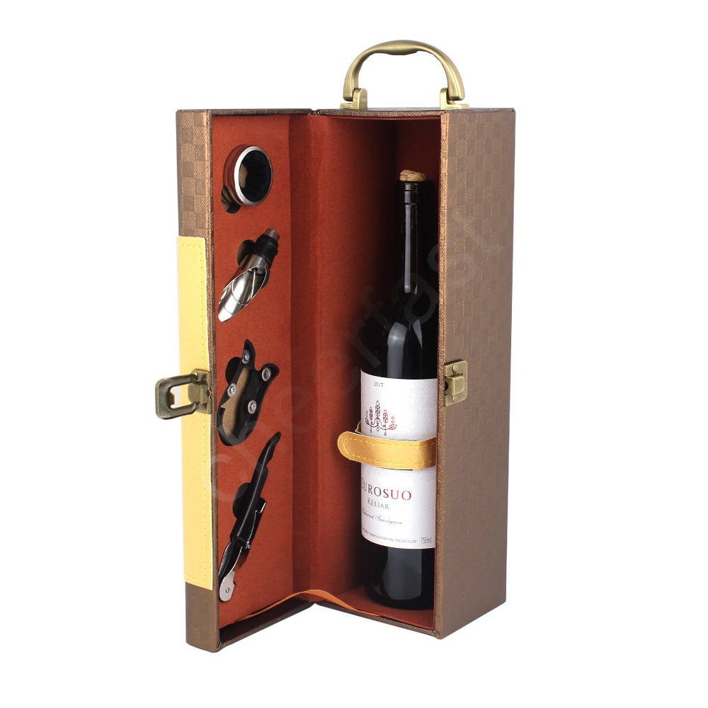 High Quality Bottle Gift Boxes For Liquor Portable 1 Bottle Wine Box With Handle Pu Leather Single Wine  Bottle Box