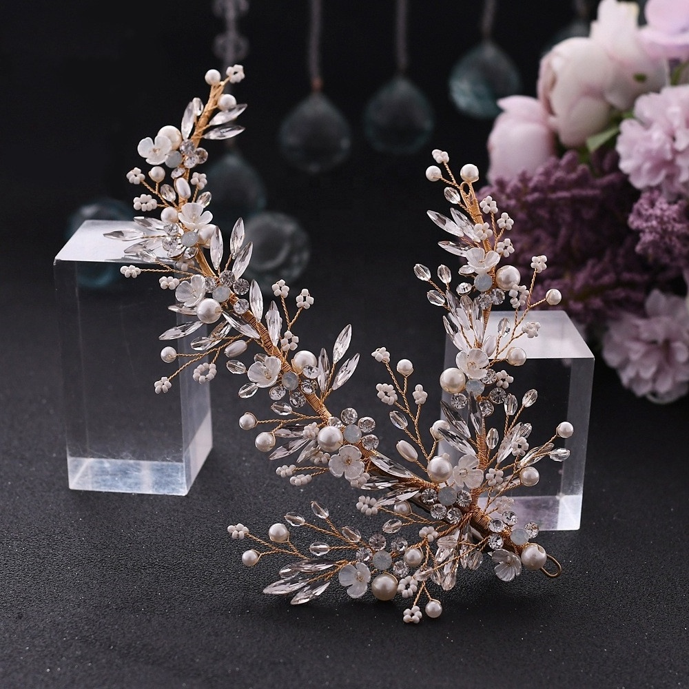 Elegant handmade beaded and pearl tiaras bridal head vine wedding hair accessories headpieces for bridal