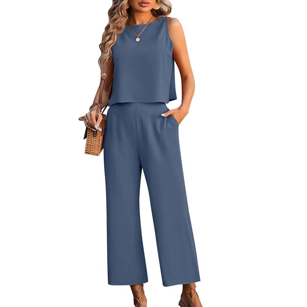 B731 Womens Summer 2 Piece Outfits Linen Crop Tank Top Lounge Matching Sets & Long Track Pants SetTracksuits