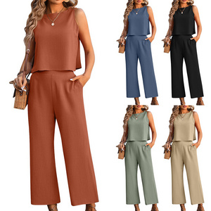 B731 Womens Summer 2 Piece Outfits Linen Crop Tank Top Lounge Matching Sets & Long Track Pants SetTracksuits