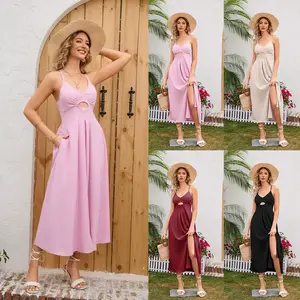 A310 Wholesale 2323 Pink Women's Summer Maxi Dress Casual Boho Sleeveless Spaghetti Strap Smocked Tiered Long Beach Sun Dresses