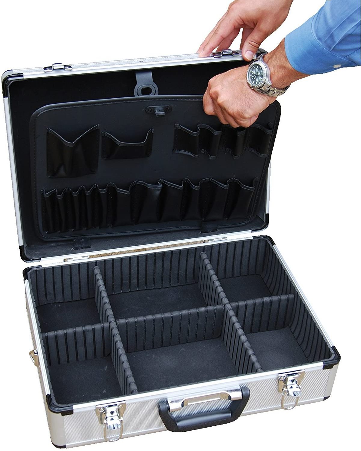 Large aluminum hard Barber case tool carrying box with internal divider and lock