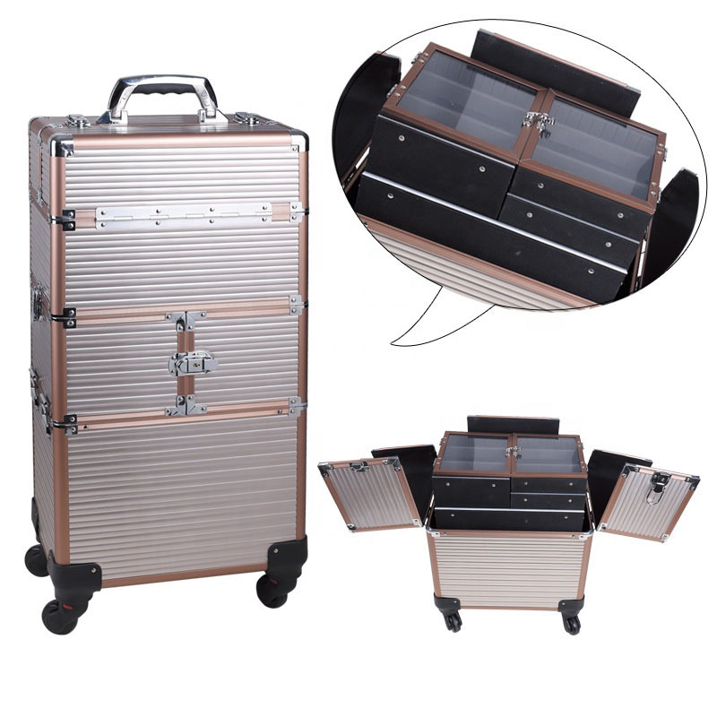 Telescopic Cosmetic Hairdressing Makeup Vanity Case Professional Trolley Beauty Make up Box 4 in 1 Hardshell Rolling Makeup Case