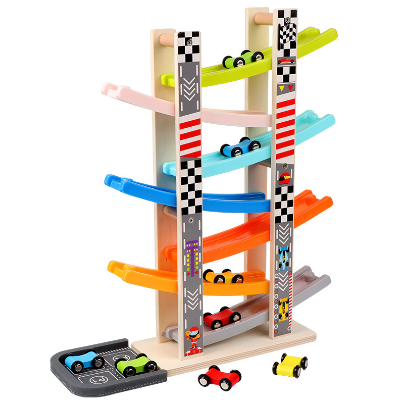 Kids Montessori educational wooden slide toy car 7 level racing tracking ramp with 8 wooden cars toy set