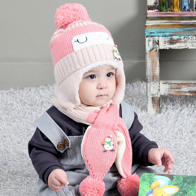 Good Quality Wholesale Cheap Fashion Design Plush Knit Hat Ear Protect Hat Scarf Two Piece Baby Winter Hat