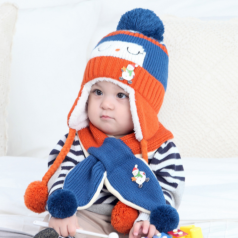 Good Quality Wholesale Cheap Fashion Design Plush Knit Hat Ear Protect Hat Scarf Two Piece Baby Winter Hat