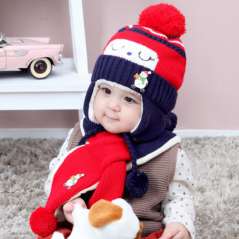 Good Quality Wholesale Cheap Fashion Design Plush Knit Hat Ear Protect Hat Scarf Two Piece Baby Winter Hat