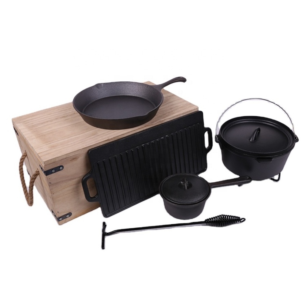 Low Price 7 Piece BBQ Pre-seasoned Heavy Duty Outdoor Camping Cast Iron Cookware Set Non Stick Camping pot with Wooden Box