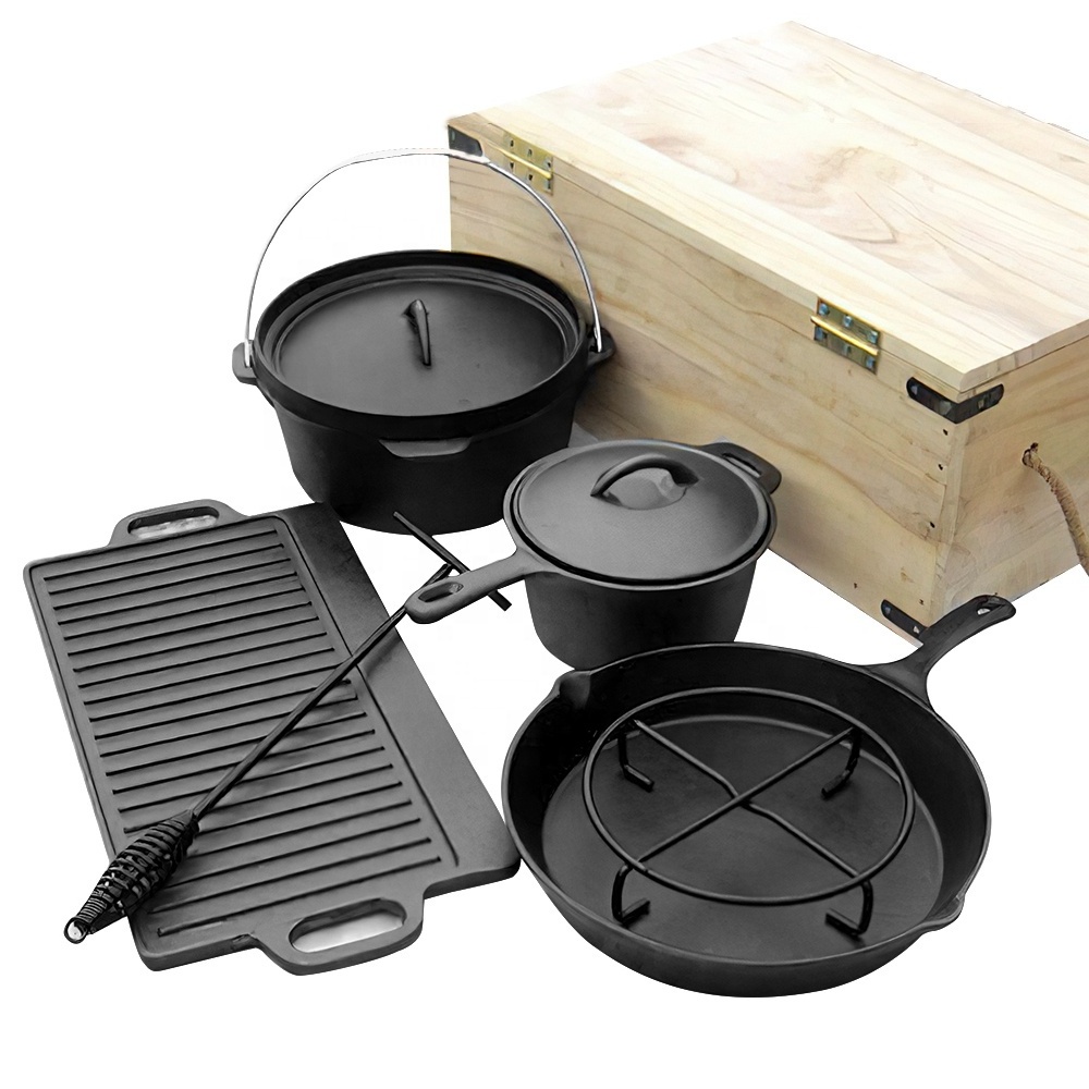 Low Price 7 Piece BBQ Pre-seasoned Heavy Duty Outdoor Camping Cast Iron Cookware Set Non Stick Camping pot with Wooden Box