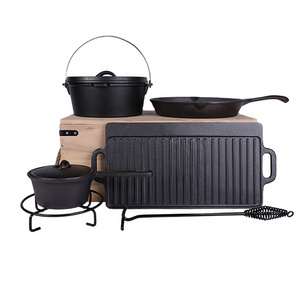 Low Price 7 Piece BBQ Pre-seasoned Heavy Duty Outdoor Camping Cast Iron Cookware Set Non Stick Camping pot with Wooden Box