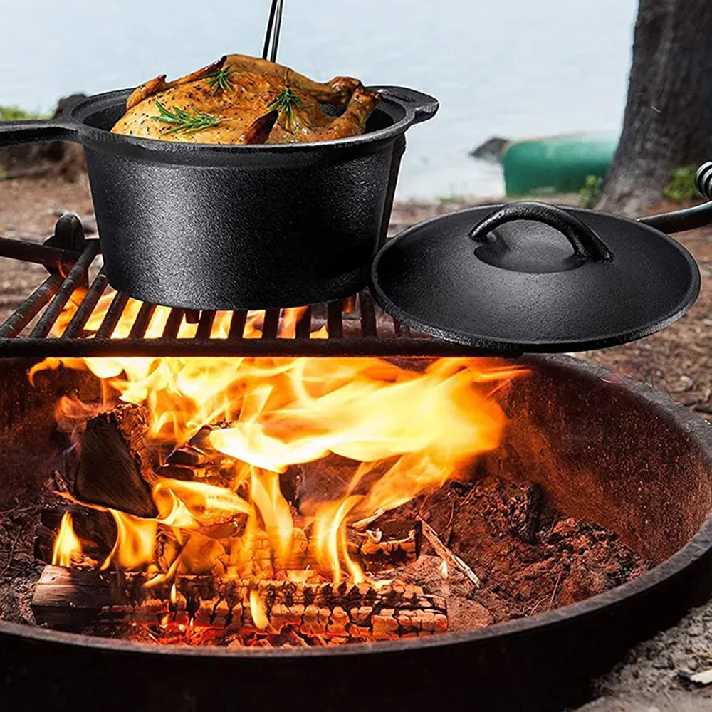 Low Price 7 Piece BBQ Pre-seasoned Heavy Duty Outdoor Camping Cast Iron Cookware Set Non Stick Camping pot with Wooden Box