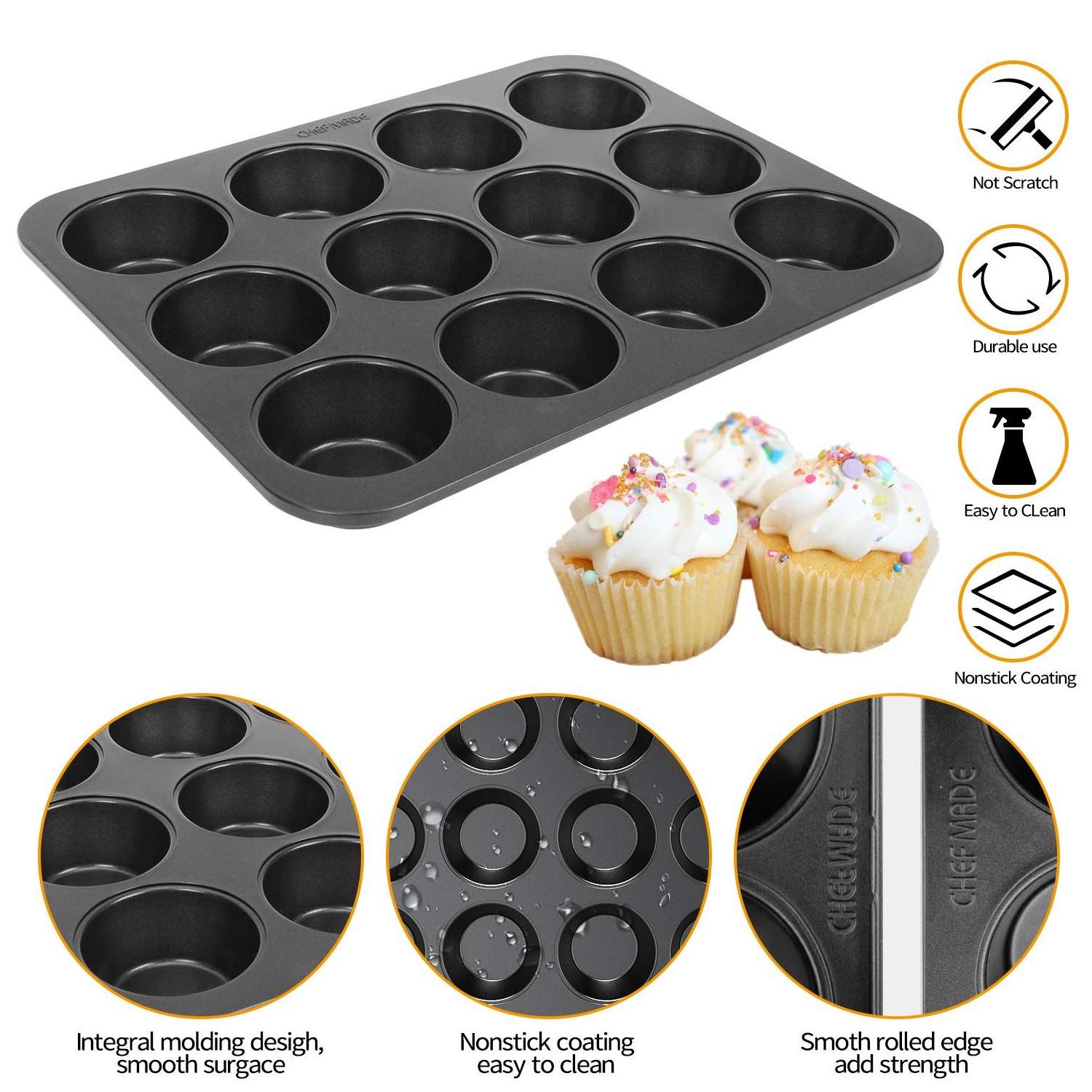 CHEFMADE Carbon Steel Oven Bakeware Non Stick 12 Cup Round Cake Mould Cupcake Tin Muffin Mold Tray Baking Pan