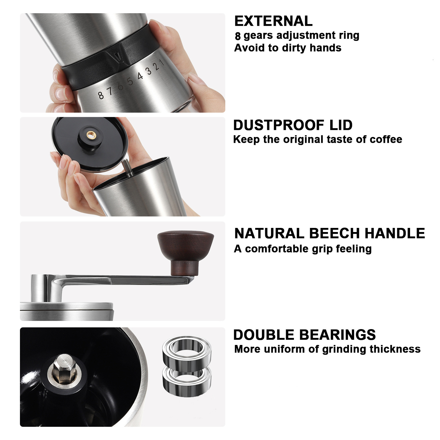 Large capacity adjustable setting stainless steel ceramic grinding core manual coffee grinder, easy to use and carry