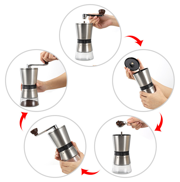 Large capacity adjustable setting stainless steel ceramic grinding core manual coffee grinder, easy to use and carry