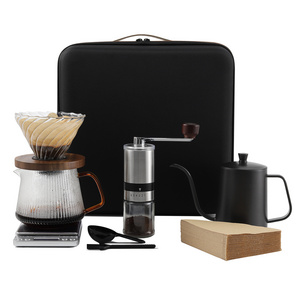 Stocked portable camping coffee grinder maker filter pot drip pour over kit coffee tea sets with premium travel gift bag box