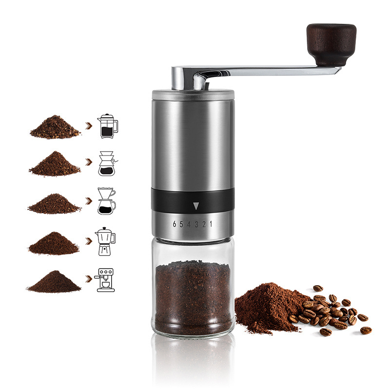 wholesale design cafe coffee tools mini portable stainless steel body ceramic burr adjustable hand manual coffee grinder mill