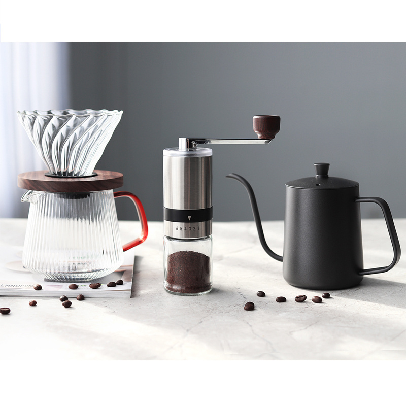 travel coffee grinder set  manual conical burr ceramic coffee bean mill  french press  V02 coffee driper pour over kettle