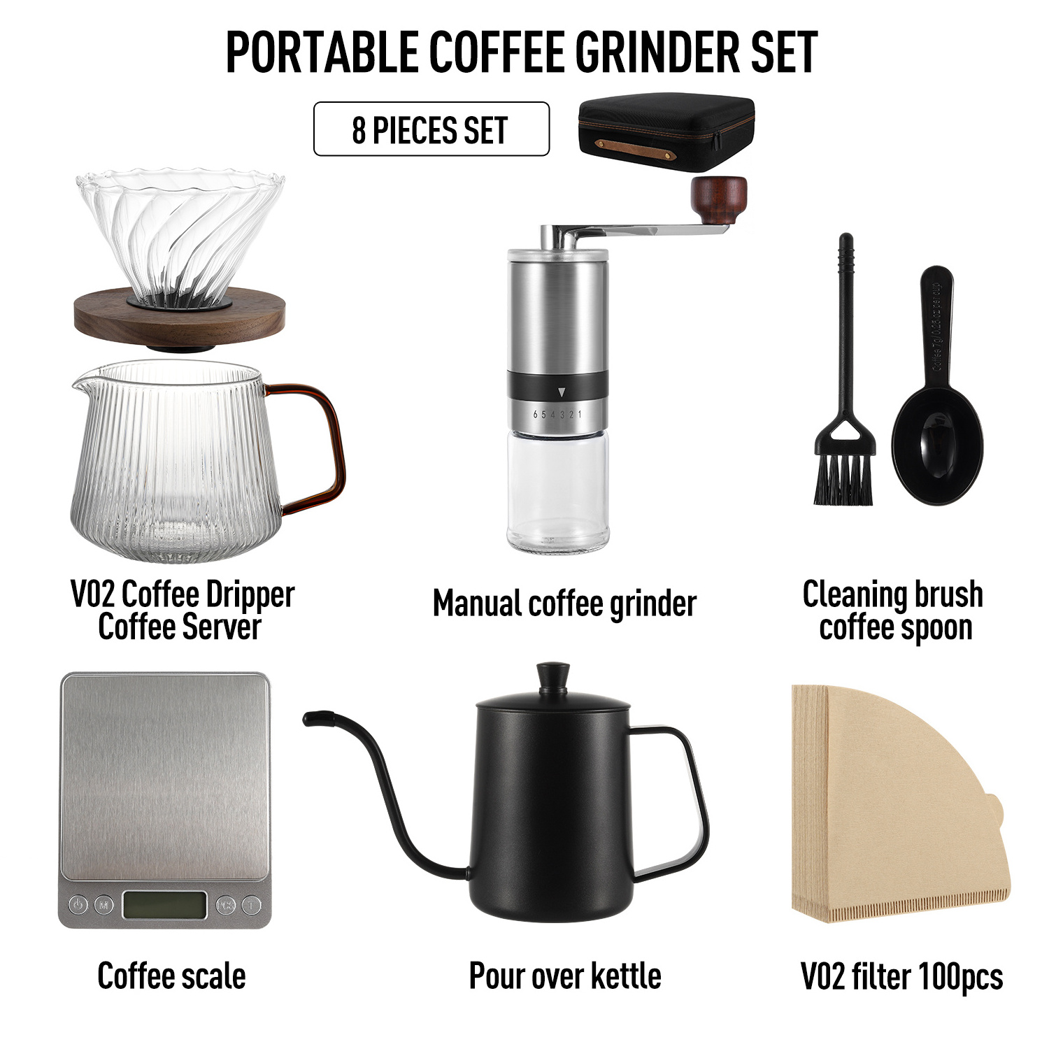 Stocked Portable Camping Travel Bag Coffee Sets Pour Over Gift Kit Coffee Set with Manual Coffee Bean Grinder