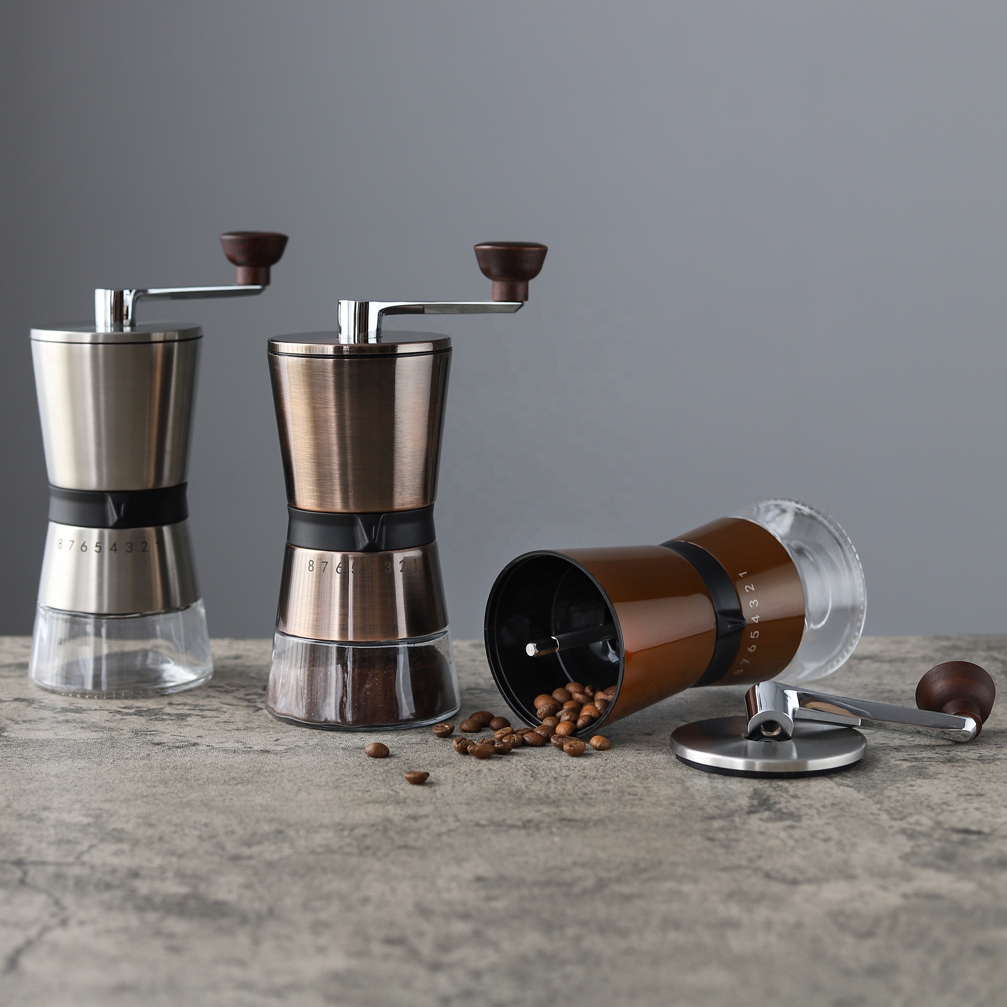 Factory stocked 18/8 stainless steel Ceramic Conical Burr espresso hand Manual Coffee Grinder  with 100ml glass bottle