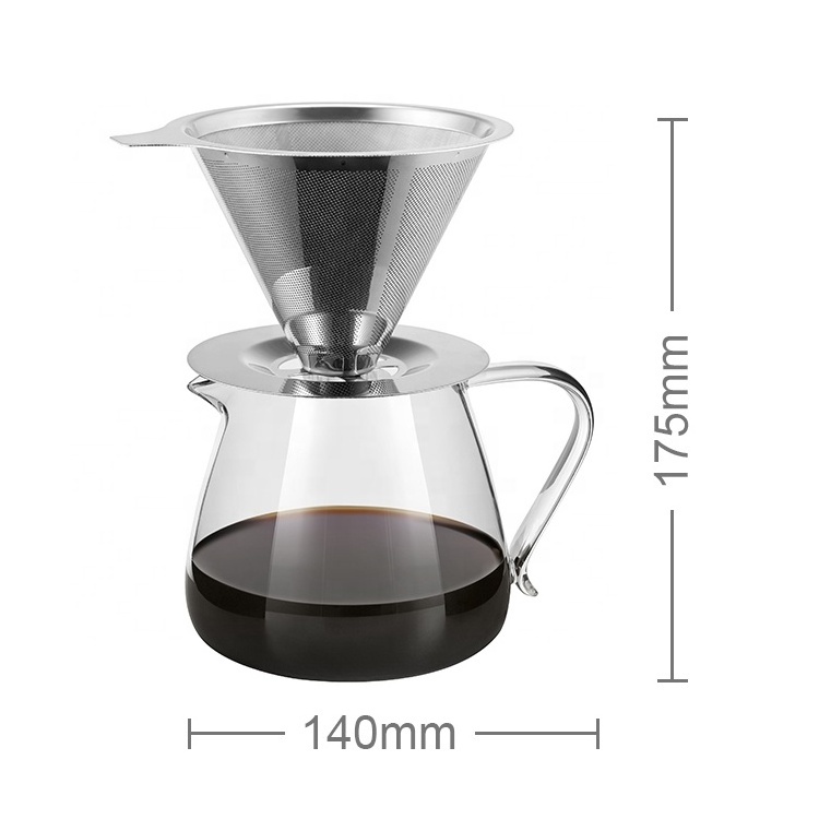 Hot Sale Pour Over Hand Crafted Glass Coffee Carafe stainless Steel Reusable Filter Drip portable Coffee Maker