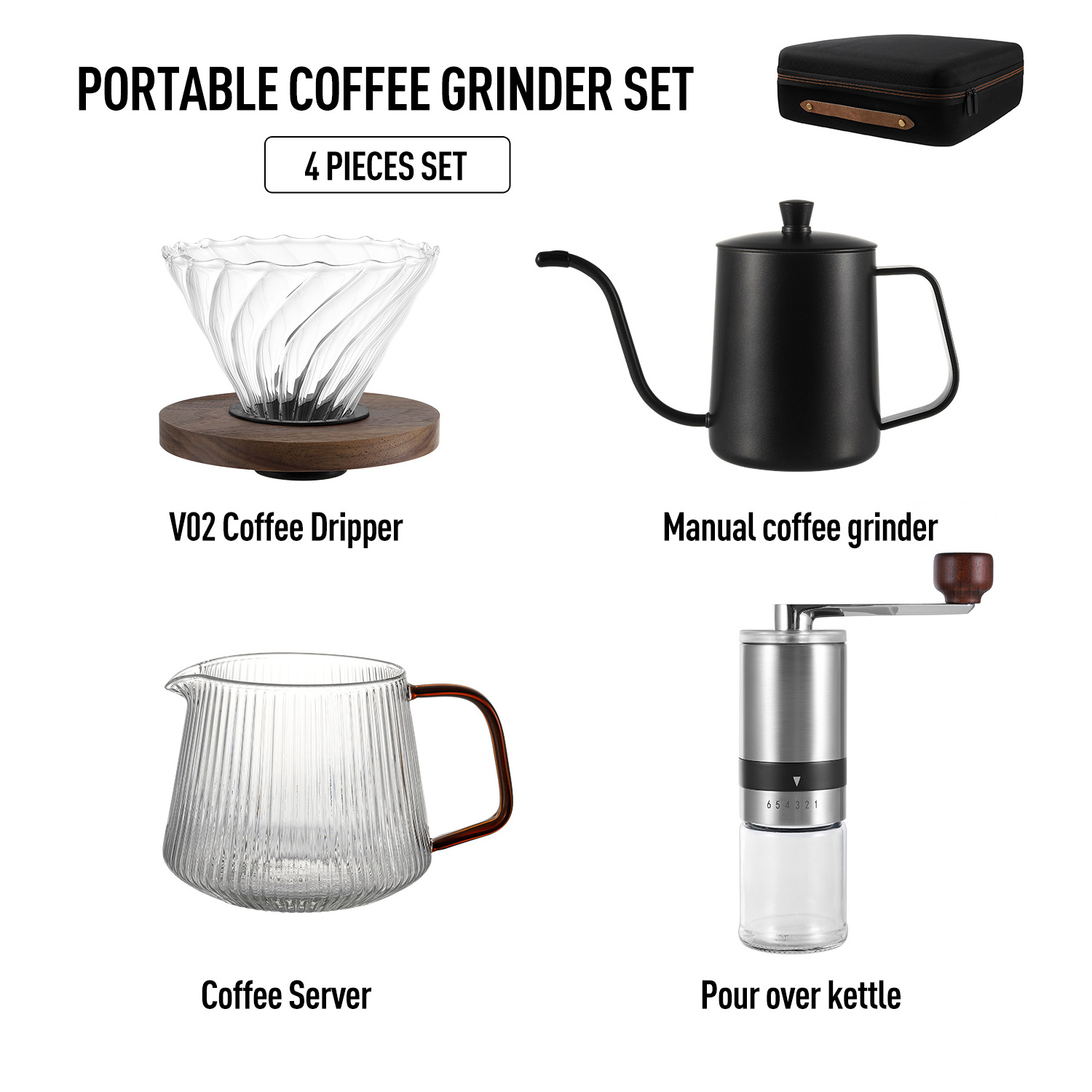 Stocked Portable Camping Travel Bag Coffee Sets Pour Over Gift Kit Coffee Set with Manual Coffee Bean Grinder