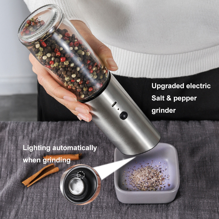 CE LFGB home kitchen table USB rechargeable battery operated electric automatic spice salt and pepper grinder with LED light