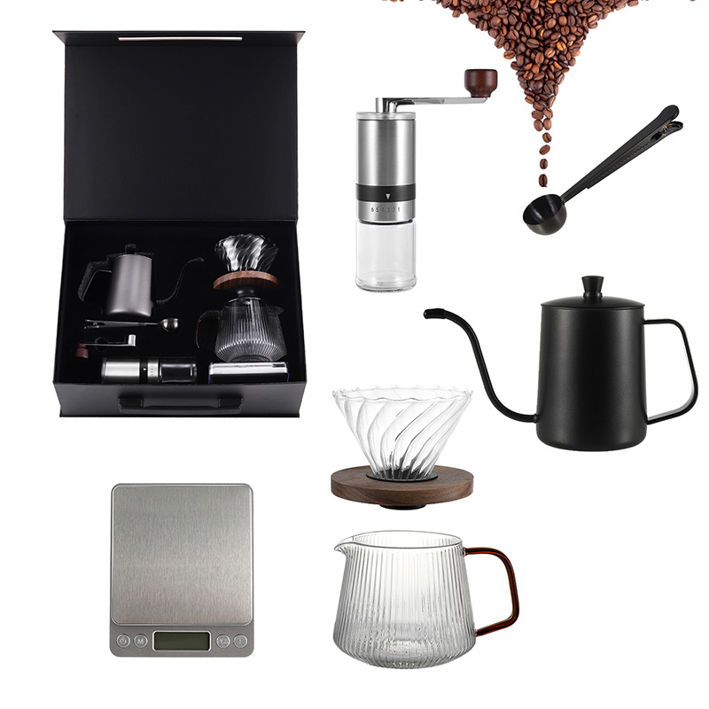 Business Gift Pour Over Drip Coffee Gift Bag Set box with Hand ceramic Manual Coffee Grinder glass filter saver spoon