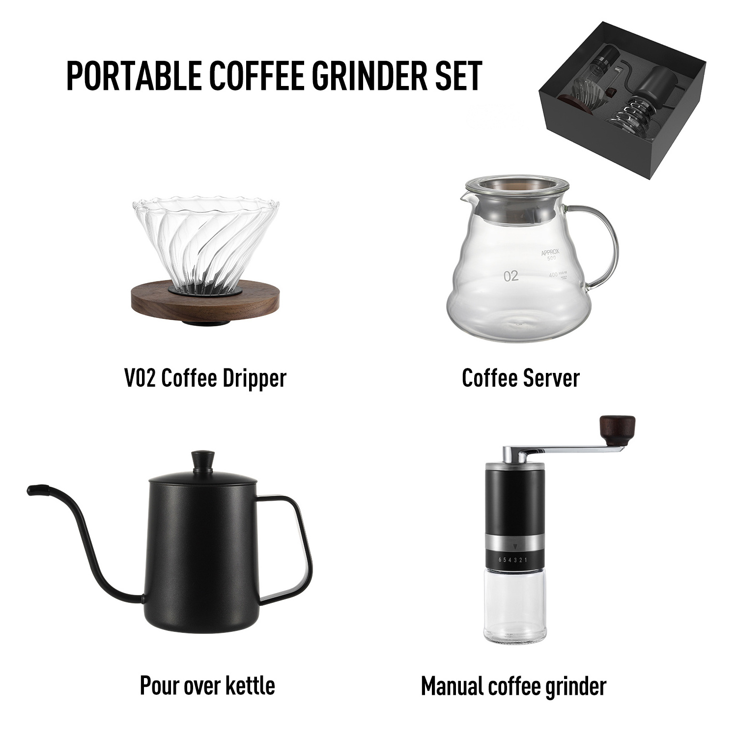 Business Gift Pour Over Drip Coffee Gift Bag Set box with Hand ceramic Manual Coffee Grinder glass filter saver spoon