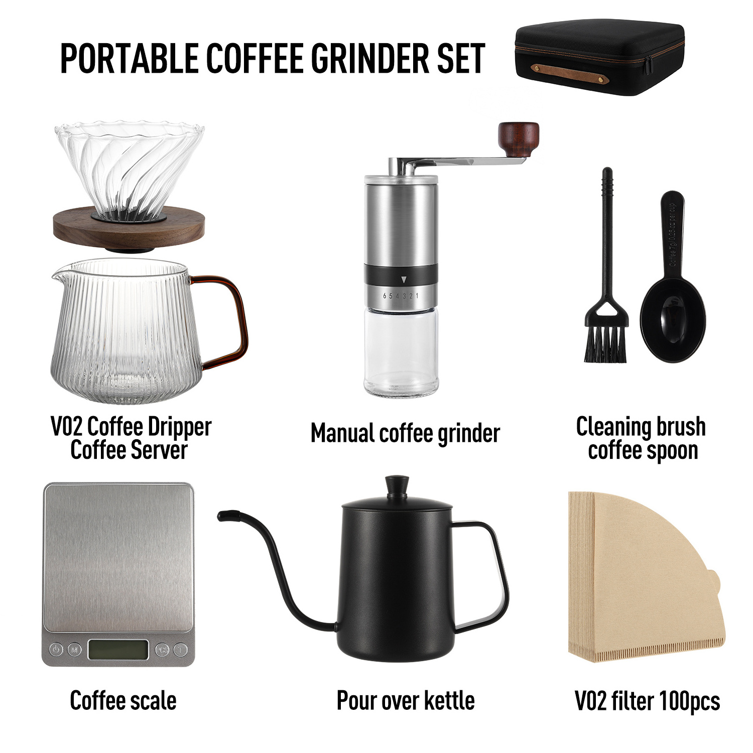 2024 Arabic travel coffee bag outdoor camping accessories waterproof manual Pour Over coffee maker set gift box V600 coffee set