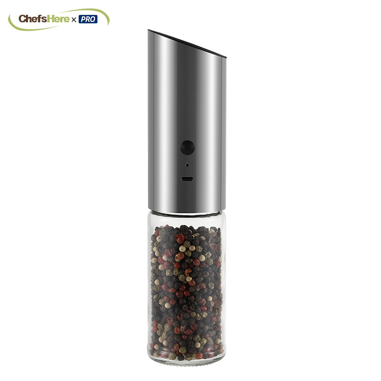 LFGB Quality 304 Stainless Steel Ceramic Burr Gravity Rechargeable Electric Spice set Salt and Pepper Grinder with LED Light