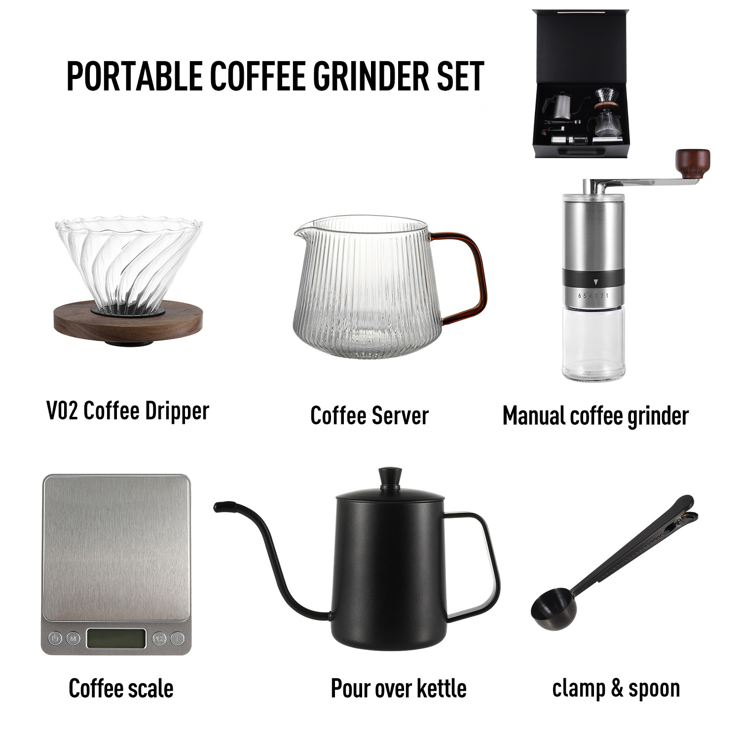 Business Gift Pour Over Drip Coffee Gift Bag Set box with Hand ceramic Manual Coffee Grinder glass filter saver spoon