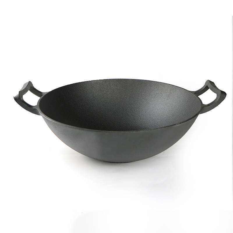 Chinese 14inch black pre-seasoned cast iron large wok with big handle