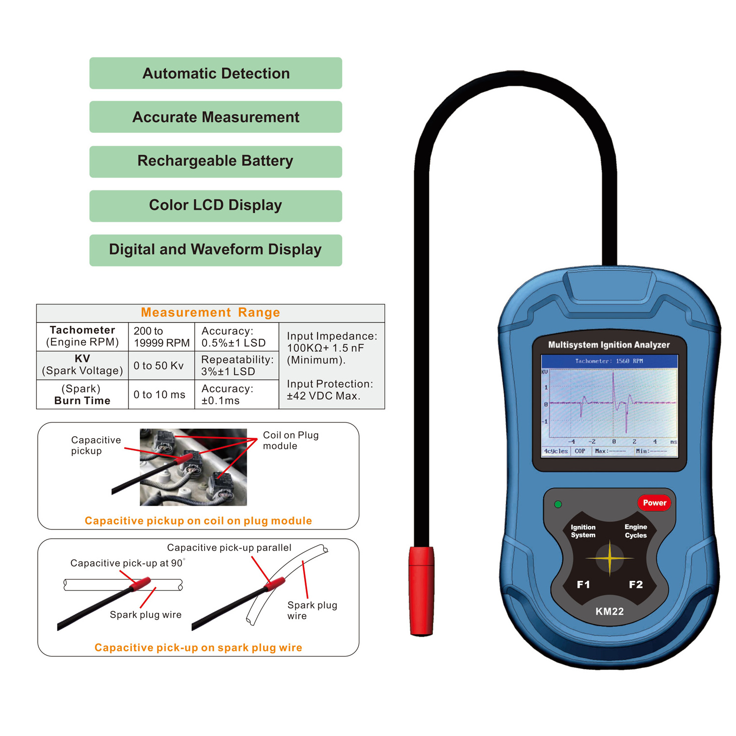 OEM Waveform Display Engine Ignition Analyzer, Color Multi-System Ignition Analyzer RPM Measurement Spark Plug Voltage Detection