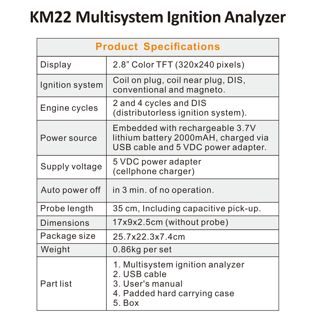 KM22 Multi-System Ignition Analyzer Digital & Real-Time Waveform Display Detects Engine RPM Spark Plug Voltage &  Firing Time