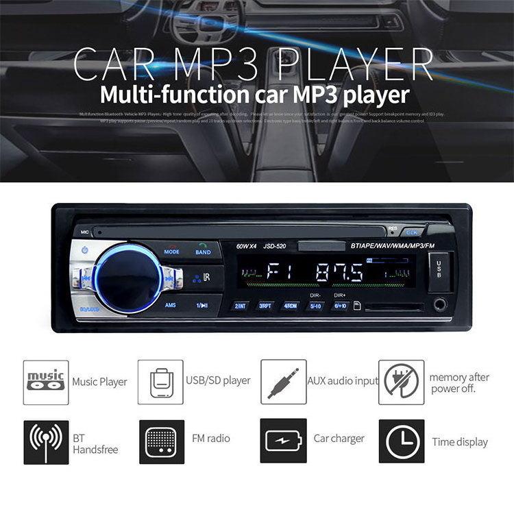 Car Stereo Radio JSD 520 MP3/WMA/WAV player BT Wireless hot sale floor price FM/SD/USB/AUX Multiple EQ 1 DIN 12V