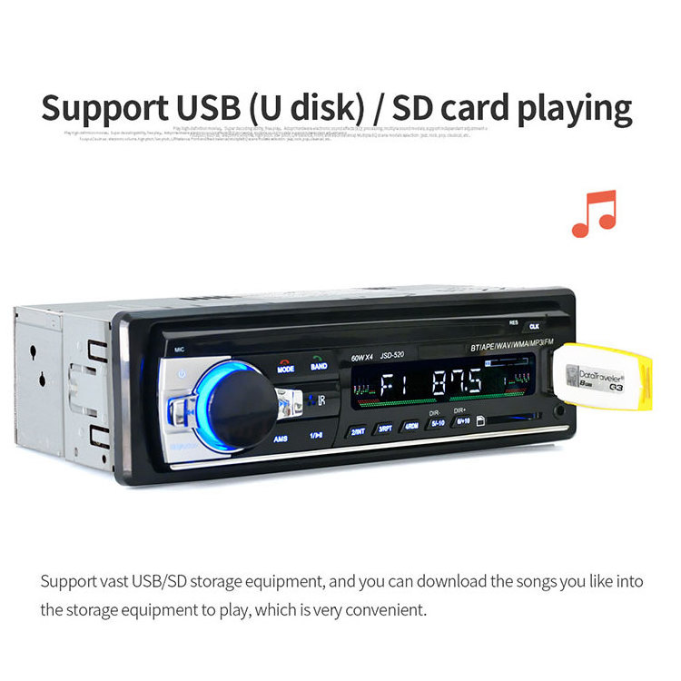 Car Stereo Radio JSD 520 MP3/WMA/WAV player BT Wireless hot sale floor price FM/SD/USB/AUX Multiple EQ 1 DIN 12V