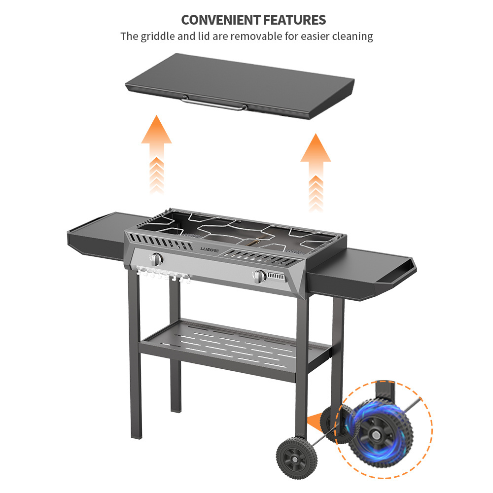 Outdoor 2 Burner Bbq Grill Large Cooking Area Propane Flat Top Gas Griddle With Lid