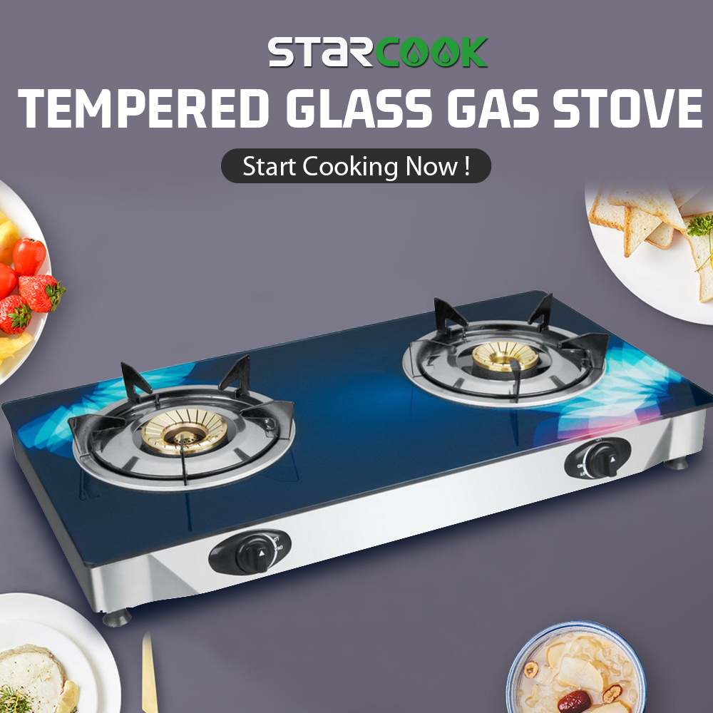 Dual-cooker Cooktop 2 Burner Indoor Table Glass Gas Stove