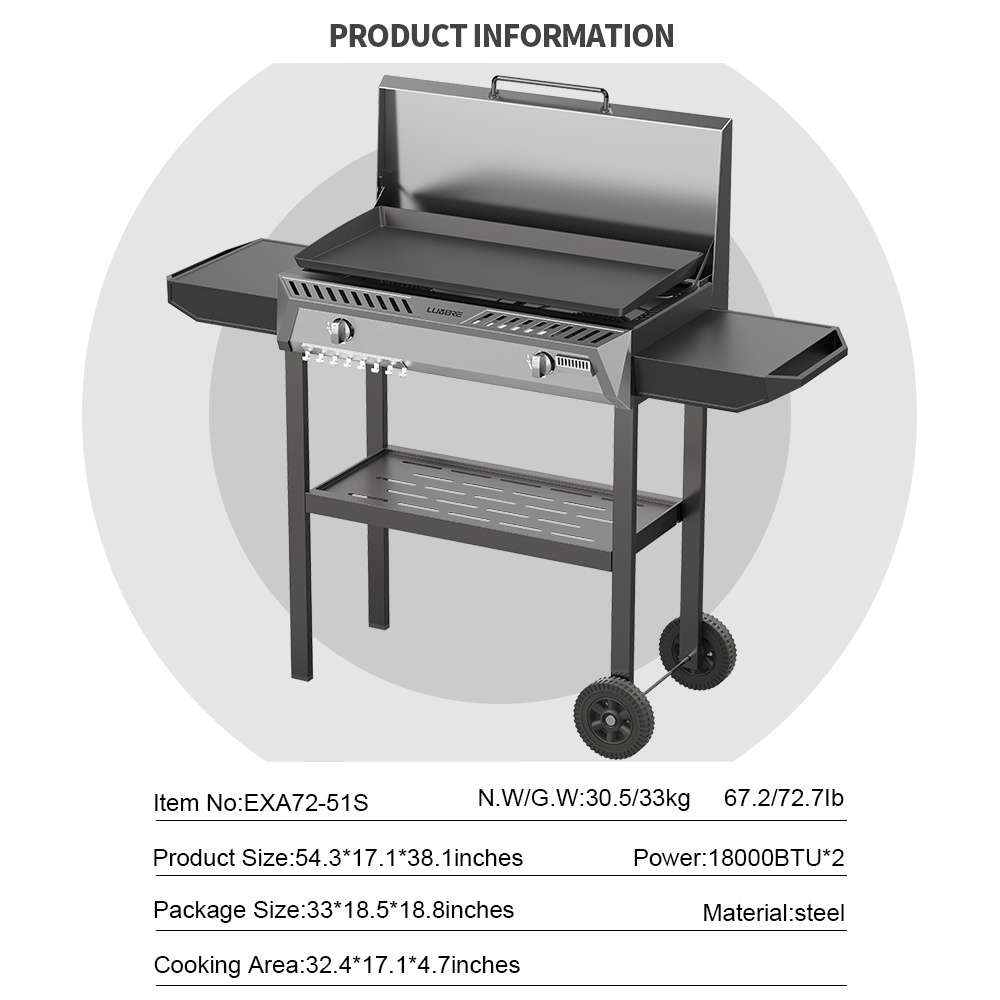 Outdoor 2 Burner Bbq Grill Large Cooking Area Propane Flat Top Gas Griddle With Lid