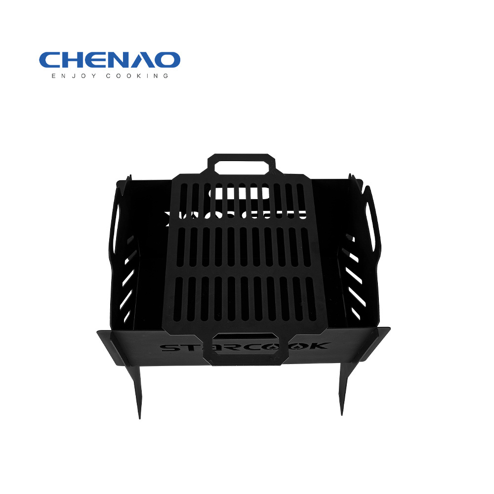 Cast Iron Portable Camping Bbq Fire Pit Basket Fold Outdoor Charcoal With Bbq Grill