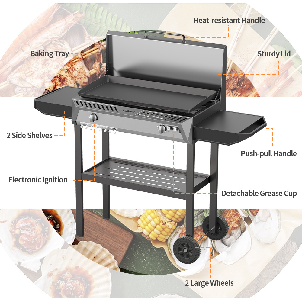 Outdoor 2 Burner Bbq Grill Large Cooking Area Propane Flat Top Gas Griddle With Lid