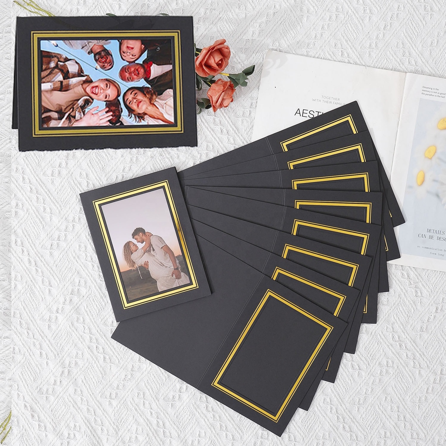 OEM customize 350-400g card paper flip open photo holder with cmyk printing, paper folded photo frame for 4R or 6R